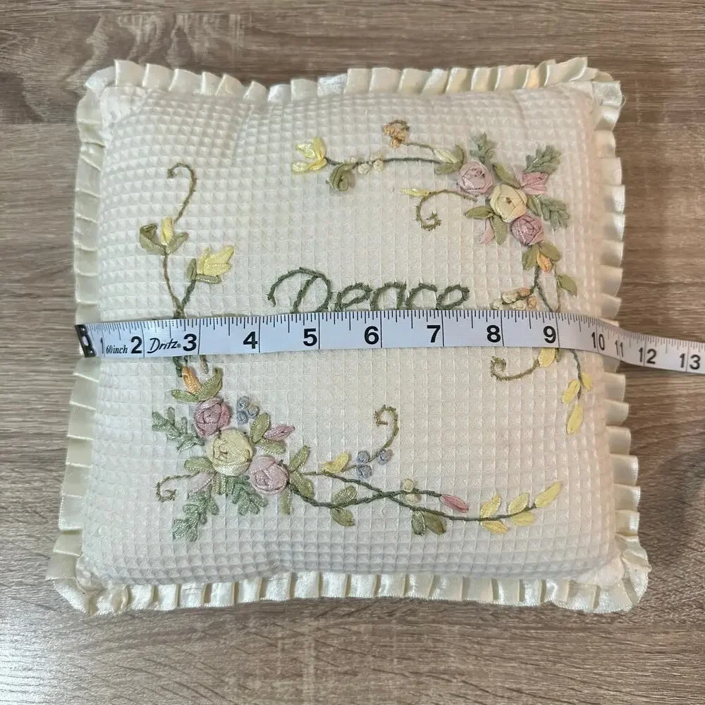 Peace Accent Embroidered Pillow Floral Inspirational Cottage Grannycore Ruffles‎
